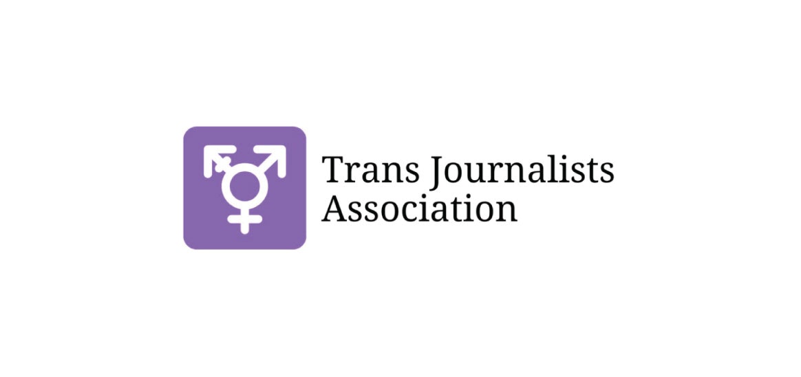 The logo at launch for the Trans Journalists Association — a purple trans symbol with the words Trans Journalists Association.