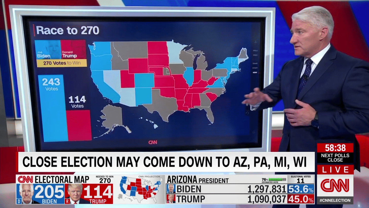 A screenshot of cable news presenting a map on election night.