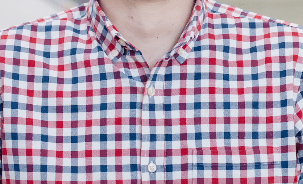 A close-up on a red-and-white gingham button-up shirt on a white person.