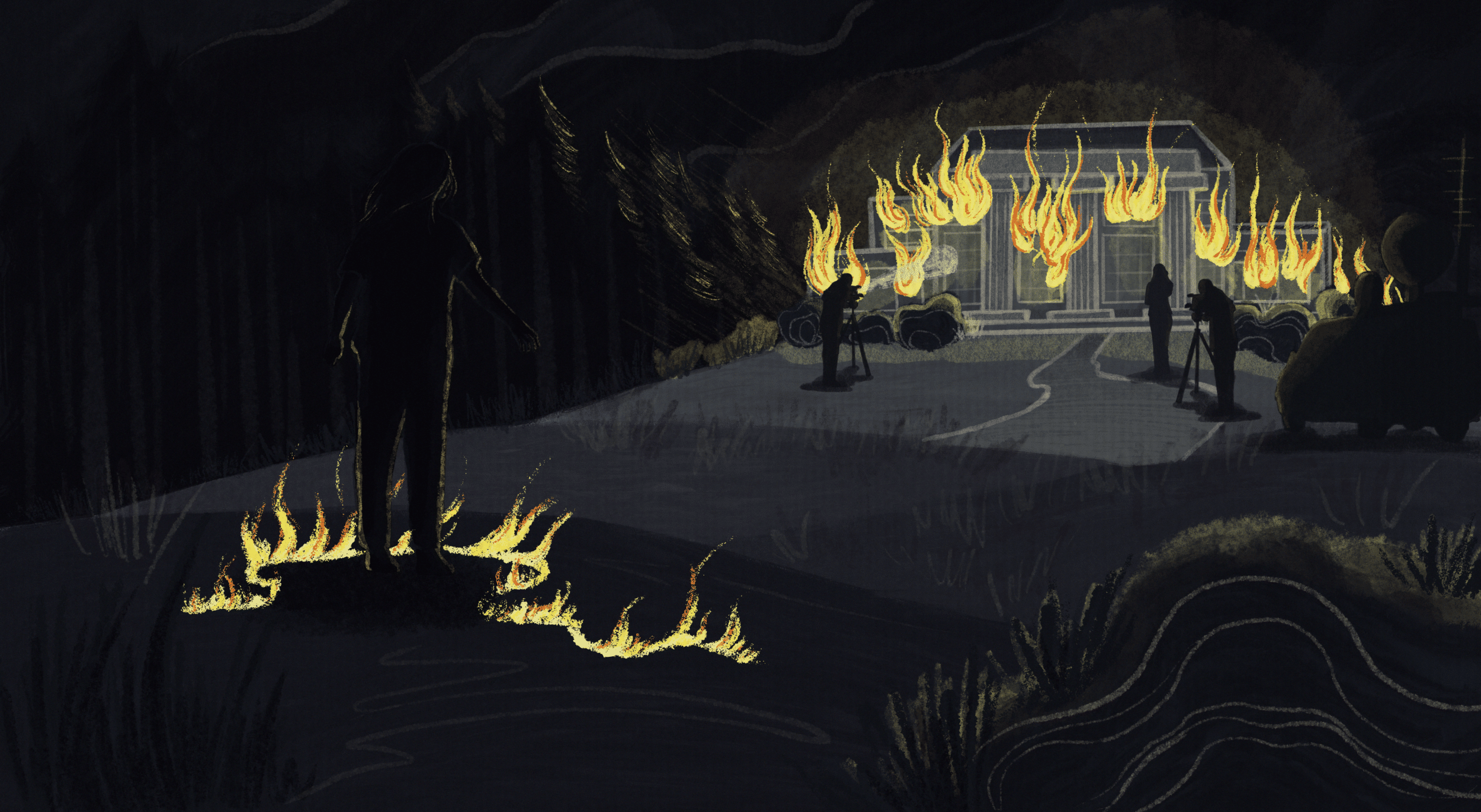 An illustration of a home on fire, with the assumed resident of the home looking on while reporters focus only on the fire.