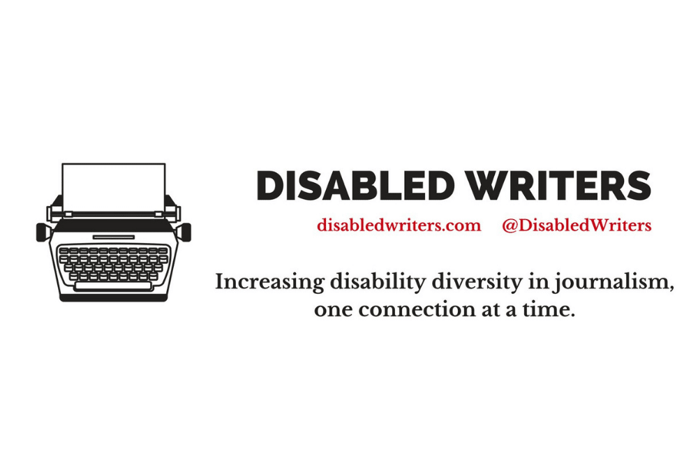 Disabled Writers logo on a white background. Reads: Disabled writers. Disabled writers dot com. at disabled writers. Increasing disability diversity in journalism, one connection at a time. Also features a black typewriter icon.