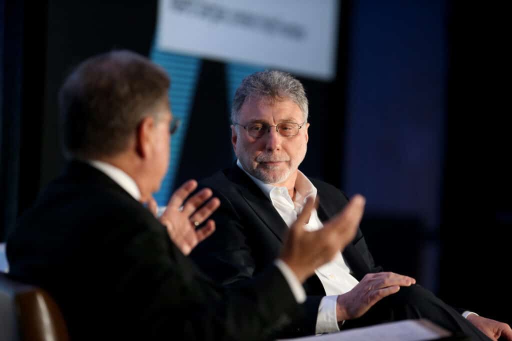 Alberto Ibarguen, President of The Knight Foundation, and Marty Baron, executive editor of The Washington Post, in a lunch plenary during the Knight Foundation's Media Learning Seminar 2017 held at the Miami Marriott Biscayne Bay Hotel. The photo's focus is on Baron, with Ibarguen's back to the camera.