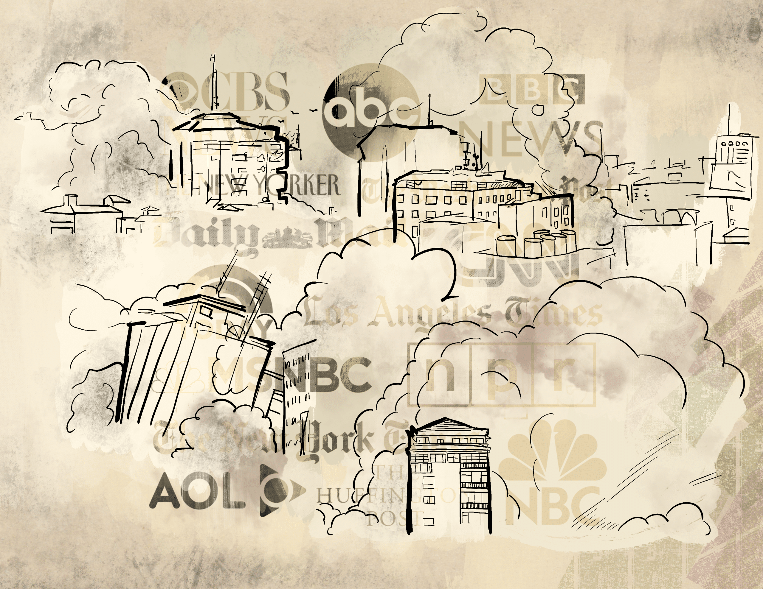 An illustration with line sketches of Palestinian buildings falling surrounded by clouds of smoke. A transparent overlay of news logos, including AOL, NBC, NPR, and ABC News is placed atop the buildings.