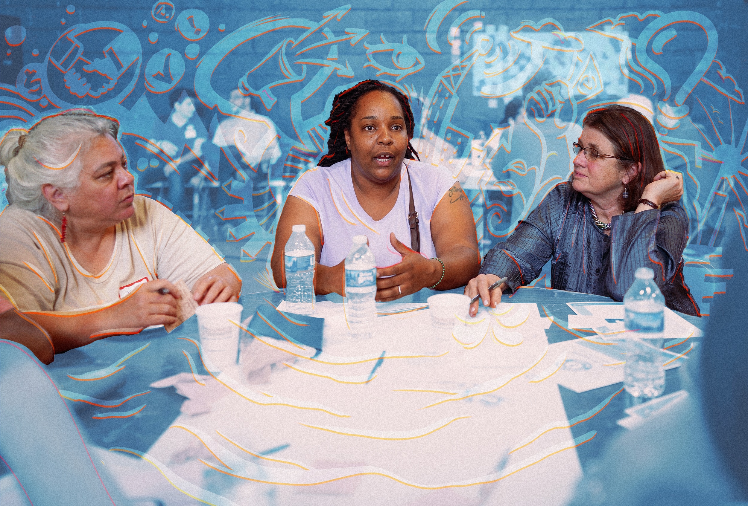 Three women of varying races sit at a table discussing. There is a light blue overlay with orange-outlined transparent icons like lightbulbs, a speech bubble with a microphone, a handshake and more.