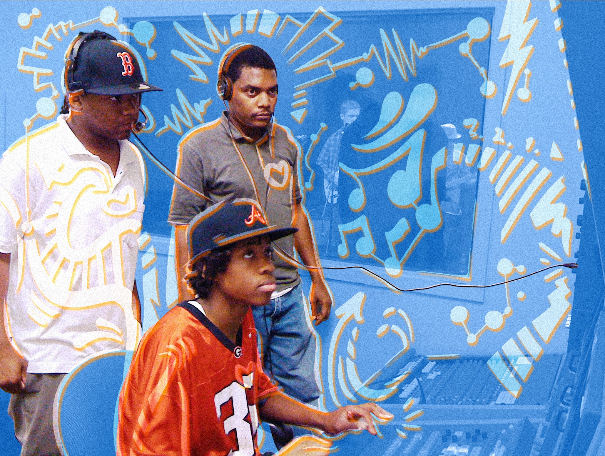 In a TV booth, Antoine Haywood, a Black man, and a Black youth in a white polo, are standing and listening through headphones to a segment another Black youth in an orange jersey, seated, is putting together. A blue and orange overlay is layered over the photo.