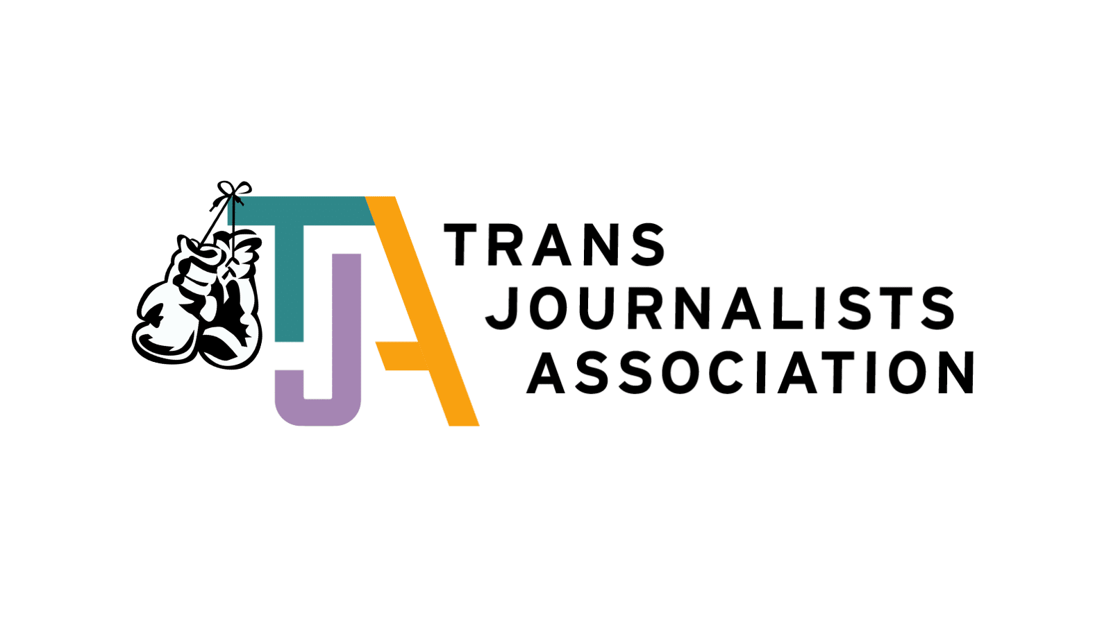 The Trans Journalists Association logo — a T, J and A leaning into the J, and the words "Trans Journalists Association" — is on a white background. The black outline of boxing gloves hang from the T. 