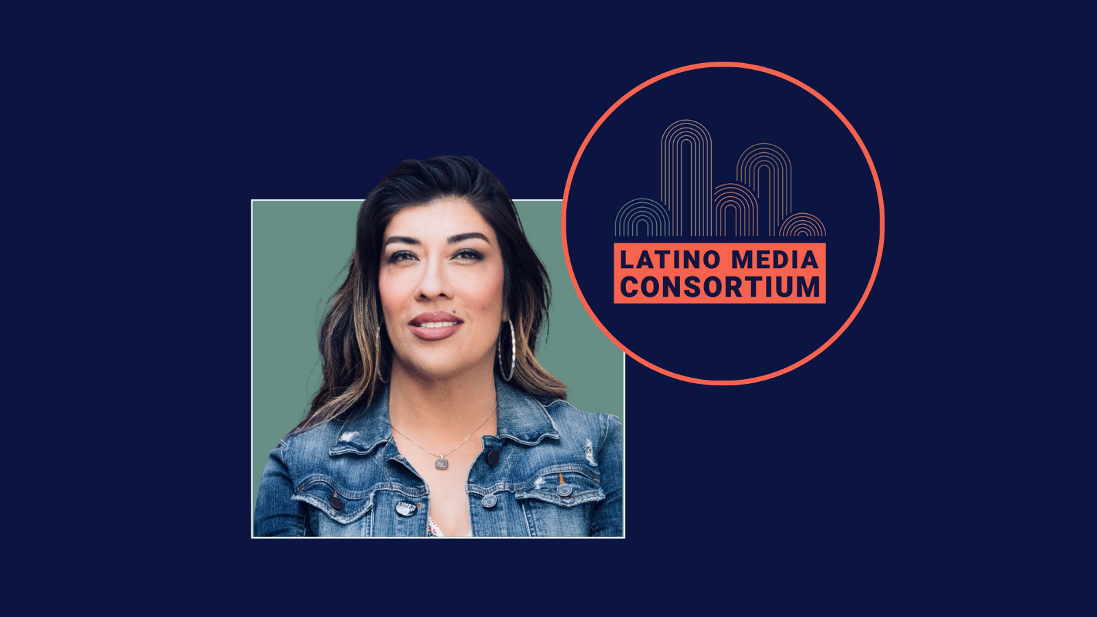 Lucy Flores, a Latina woman with brunette hair and blonde highlights, smiles at the camera. She is wearing a denim jacket in her headshot. The logo of the Latino Media Consortium is placed next to her.