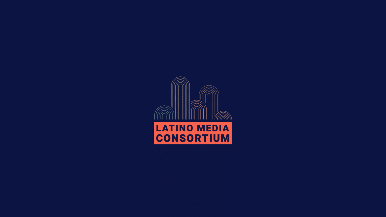 The logo for the Latino Media Consortium, which is five different arches of varying heights, each with five arch layers underneath, above the words Latino Media Consortium.