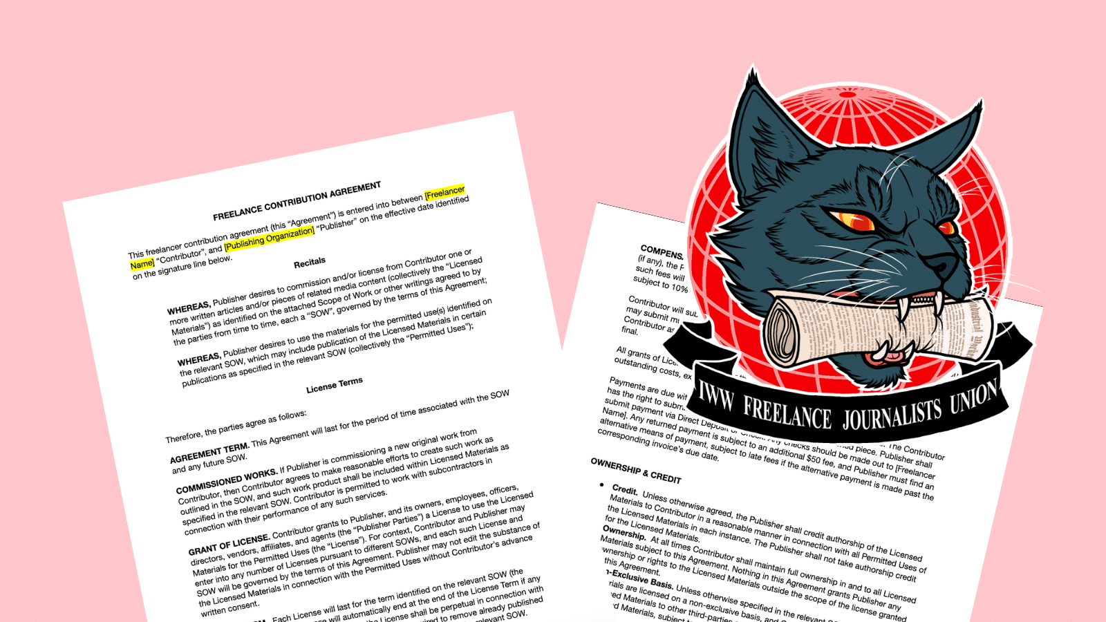 Two screenshots of the International Workers of the World Freelance Journalists Union model contract sit atop a pink background. The IWW Freelance Journalists Union logo, a black cat with a rolled-up newspaper in its teeth in front of a red globe, is placed at top right.