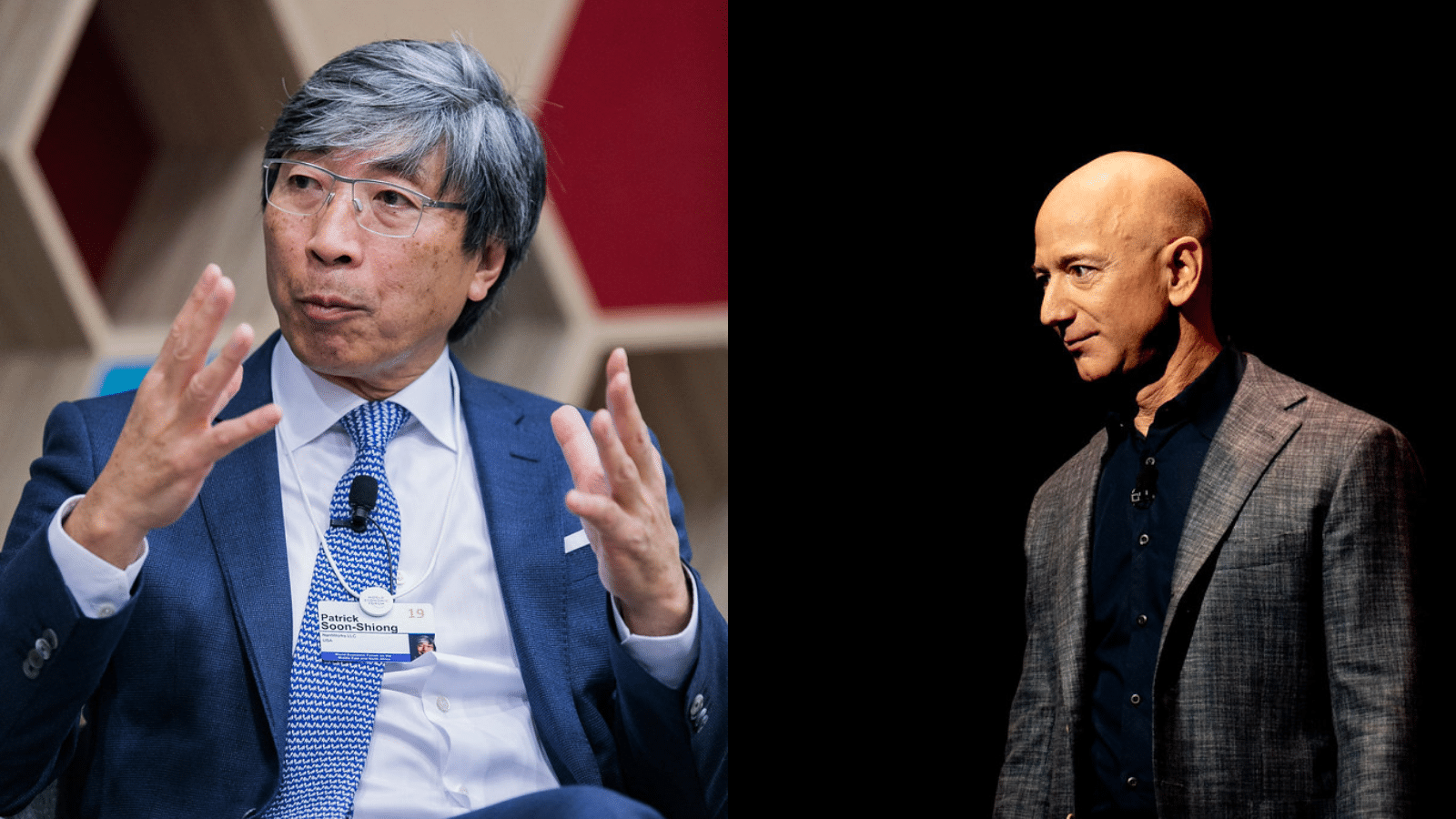 Portraits of Patrick Soon-Shiong and Jeff Bezos side-by-side.
