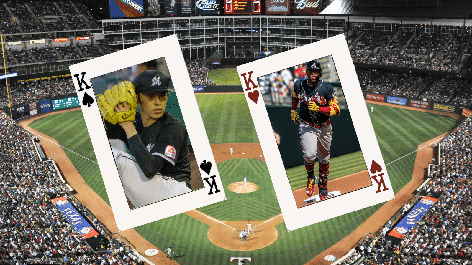 A photo of pitcher Rōki Sasaki is superimposed on the king of spades playing card. A photo of outfielder Ronald Acuña Jr. is superimposed on the king of hearts playing card. The background is a photo of the Texas Rangers' stadium in 2009.