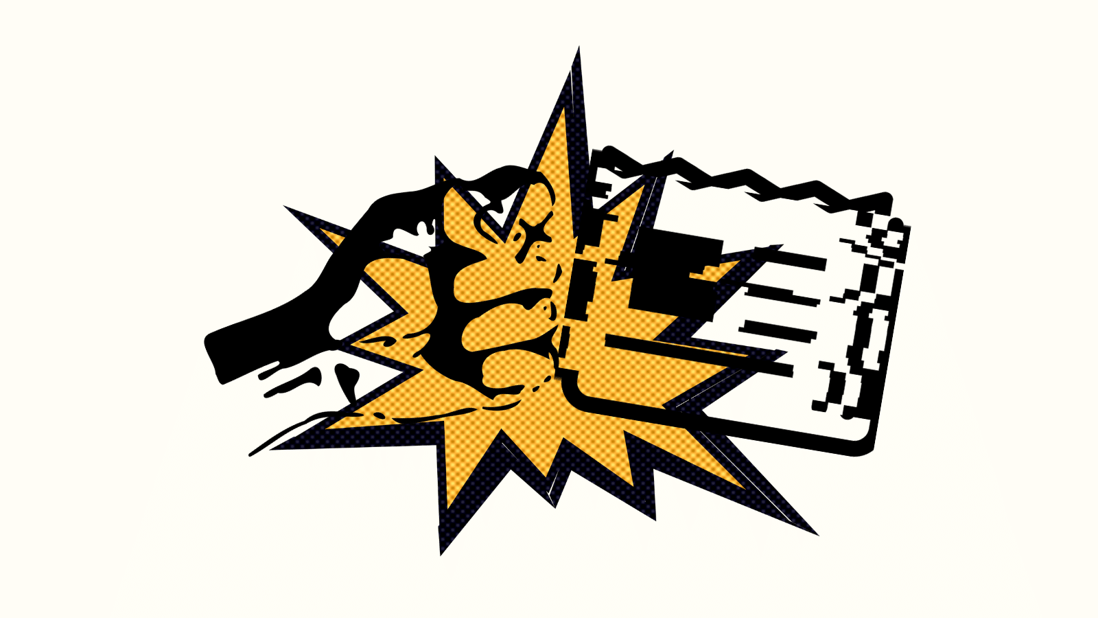 A fist icon punches a glitched-out newspaper icon. An orange pow bubble without the word sits behind the hit.