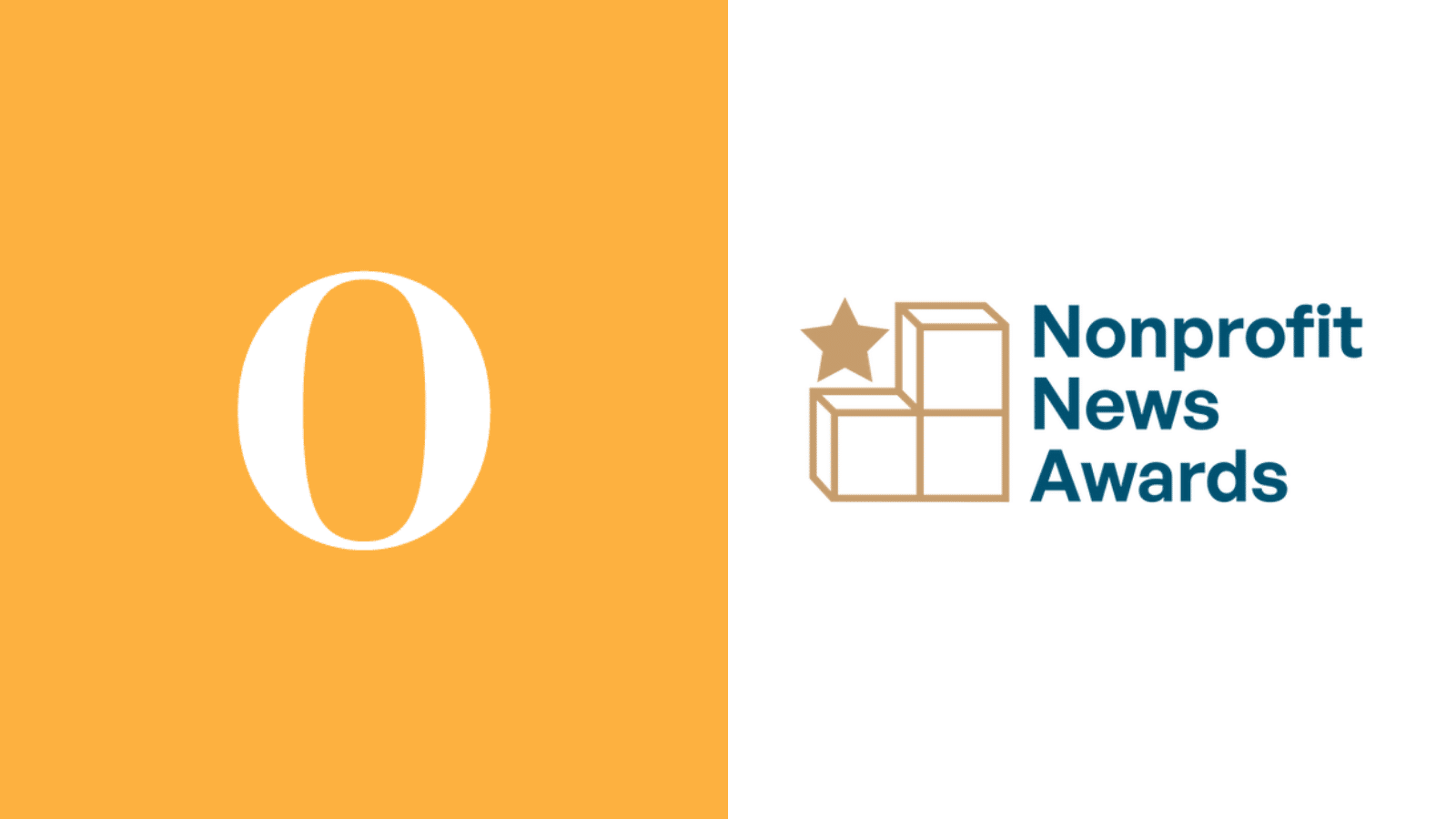 A split photo with The Objective's logo on one side and the Nonprofit News Awards logo on the other.